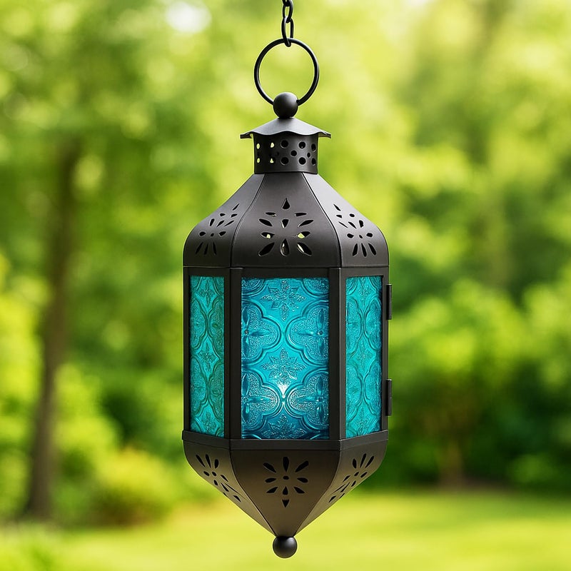 Vela Lanterns 11.5" Hanging Moroccan Decorative Candle Lantern Lamp â€“ Indoor/Outdoor Tea Light Candle Holder for Patio, Porch, Ramadan or Home Decor, Aqua Blue - Image 2